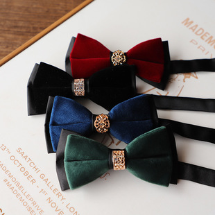Factory in stock wholesale vintage velvet diamond tie men's Korean-style double-layer solid color dark green wine red black bow