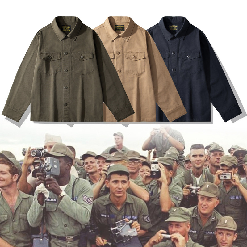 OKONKWO American retro OG-107 field long-sleeve shirt rip-stop plaid anti-tear fabric shirt