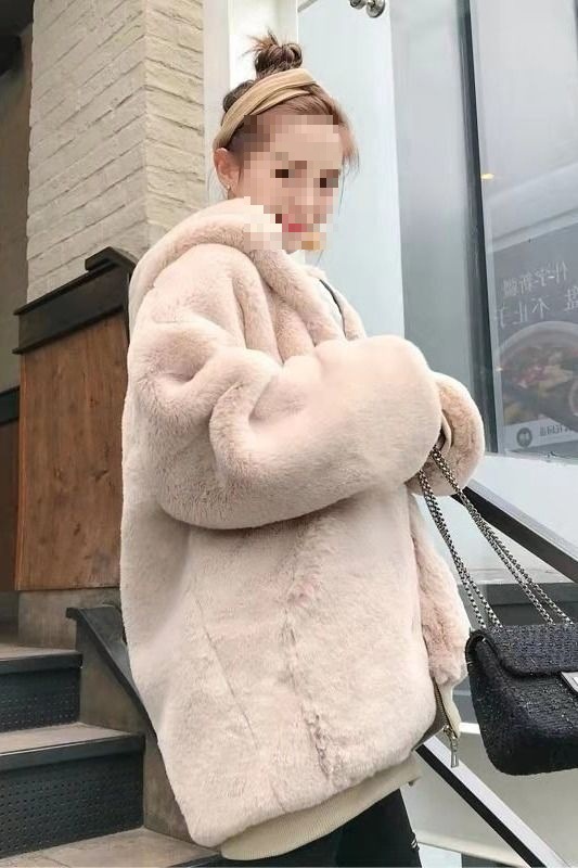 Women's Plush Fur Outwear Autumn and Winter Loose Cocoon-Shaped Thickened Rabbit Fur Hooded Coat