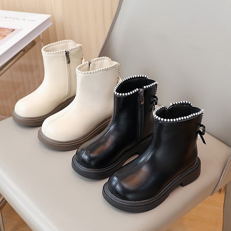 2025年冬季时尚加绒保暖女童短靴公主棉靴珍珠蝴蝶结儿童马丁靴