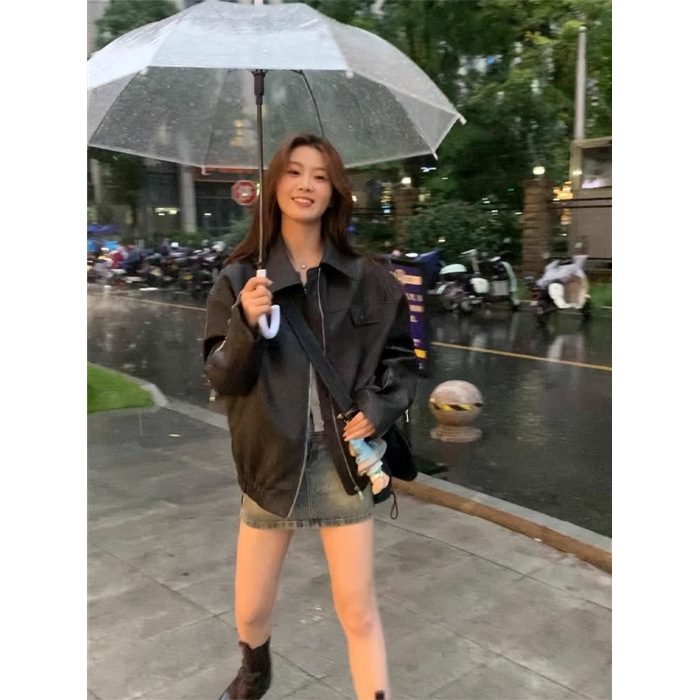 复古美式咖色皮衣夹克外套女夏季黑色甜酷风机车PU皮宽松长袖上衣|undefined