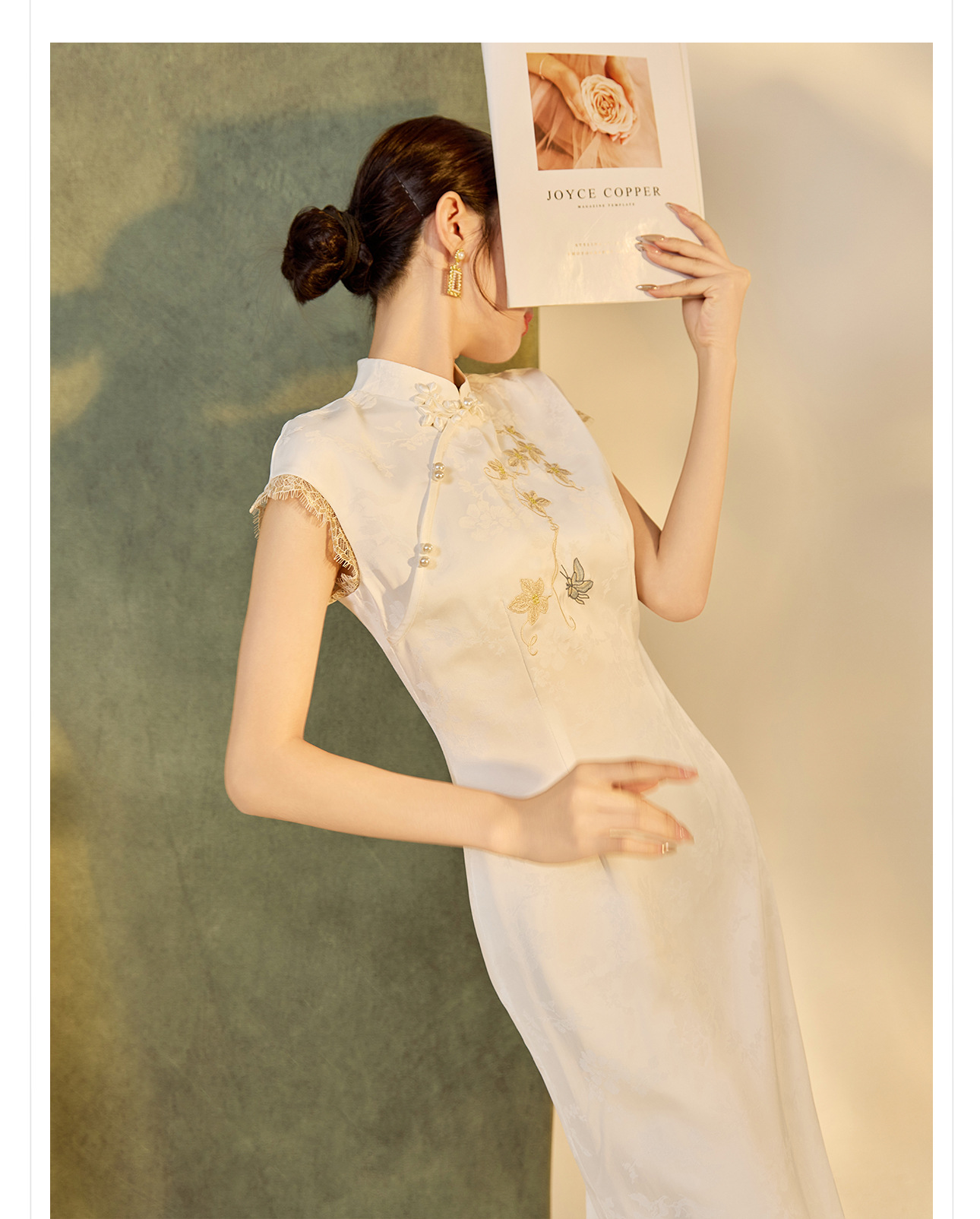 Đầm tay phồng cổ đứng phong cách Trung Hoa mùa hè, sườn xám thêu cải tiến cao cấp — Màu trắng, Màu mơ chi tiết 31