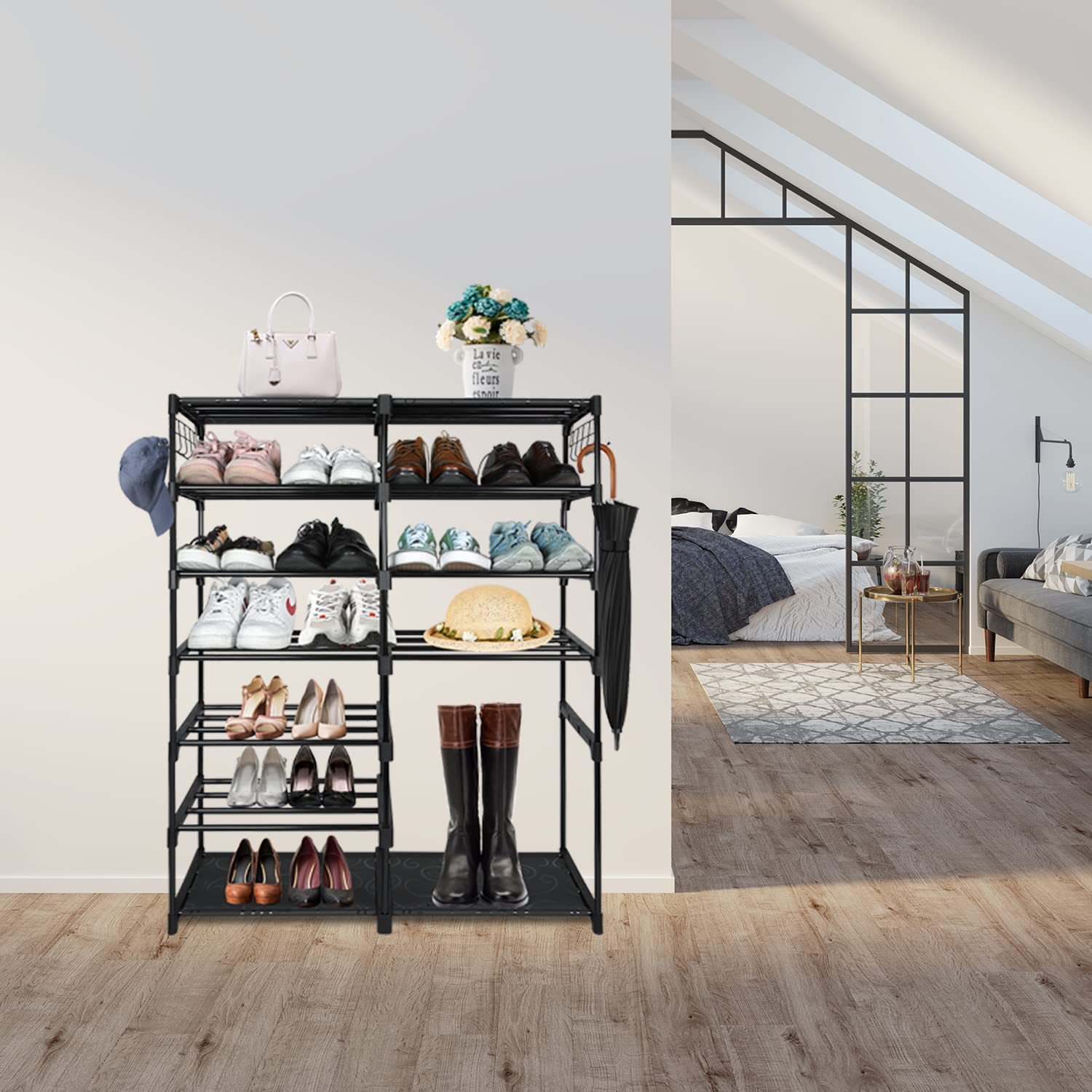 简易双列七层鞋架靴子收纳架子多功能大容量挂钩室内卧室厂家直销