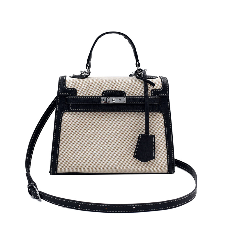 Bolso Kelly retro de alta gama para mujer, nuevo estilo transfronterizo de gran venta, patchwork de lino, colores contrastantes, bolso de hombro y bandolera.