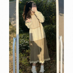 两件套装春秋设计感假两件条纹针织衫毛衣女搭配显瘦半身裙子