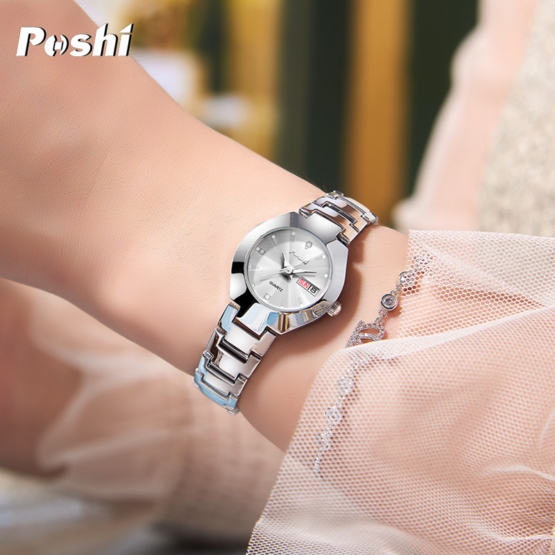 POSHI nuevo reloj de mujer correa de acero casual reloj de cuarzo simple moda doble calendario reloj de mujer
