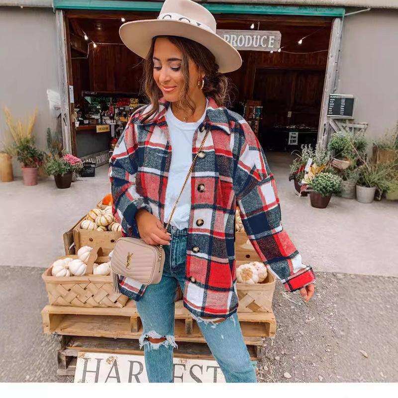 European and American Cross-Border 2024 Autumn and Winter Street Style Long-Sleeved Lapel Loose Women's Plaid Shirt Mid-Length Jacket