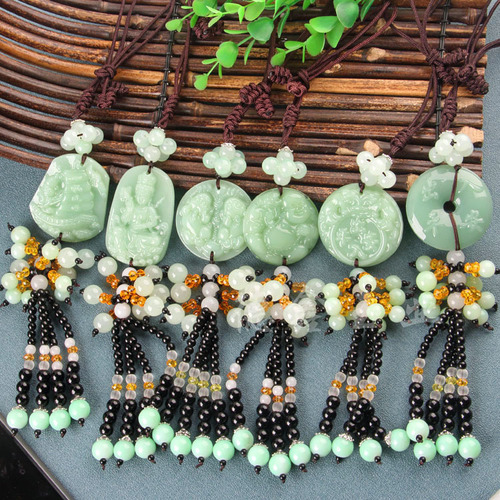 Green jade car pendant, safe and smooth sailing in and out, Pixiu Guanyin safe buckle car pendant, imitation jade car pendant