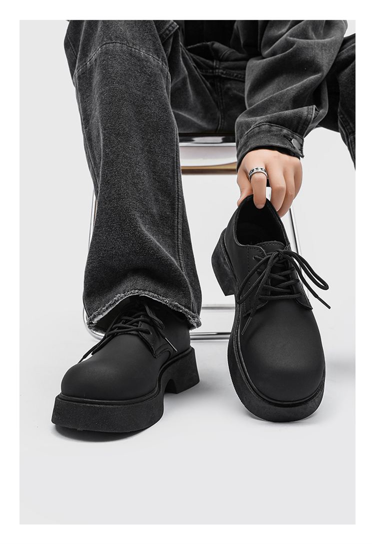 ShoeVault Round Toe Derby For Men Winter Casual Chunky Couple Thick Sole Height Increasing Black Matte British Leather Shoes_voghion.com