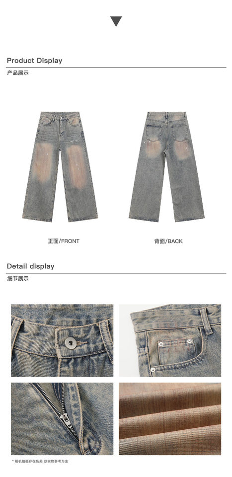 Quần jean nam dáng rộng ống suông phong cách retro Mỹ họa tiết vẩy mực, dài chạm đất — Màu xanh dương chi tiết 4