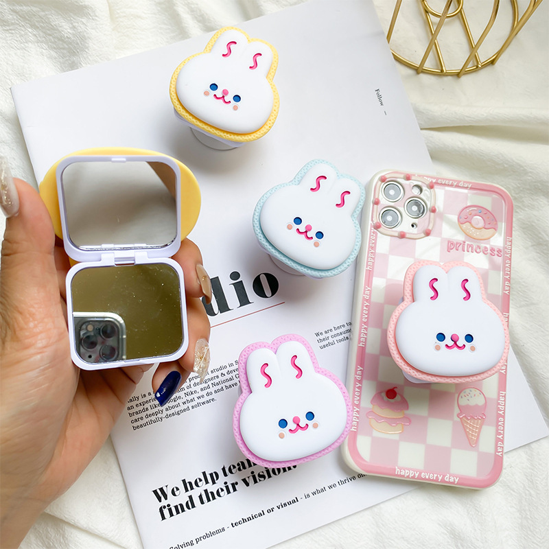 Support d'airbag de téléphone portable lapin de dessin animé mignon collé avec miroir de maquillage portable de bureau, support stable pour niche_voghion.com