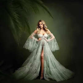 亚马逊一字肩长袖拼接网纱透视孕妇拍照服装欧美性感喇叭袖礼服女