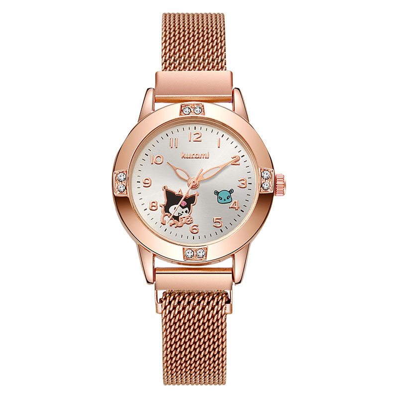 Rose Gold Diamond Women's Watch Middle School Student's Watch Women's Magnet Adsorption Band Milanese Quartz Watch Sanrio