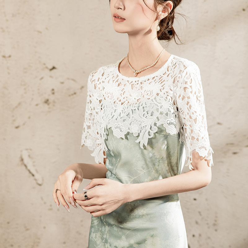 Hollow Lace Outer Short Shirt Loose 2025 Summer New Style Lace Hem Women's Mid-Sleeve Button Top
