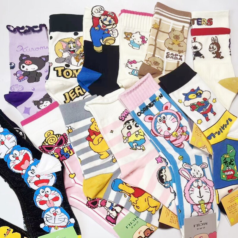 Wholesale Ab Socks Cartoon Women's Mid-Tube Combed Cotton Anime Collaboration Strawberry Bear Garfield Pop Mart Shin-Chan Free Shipping