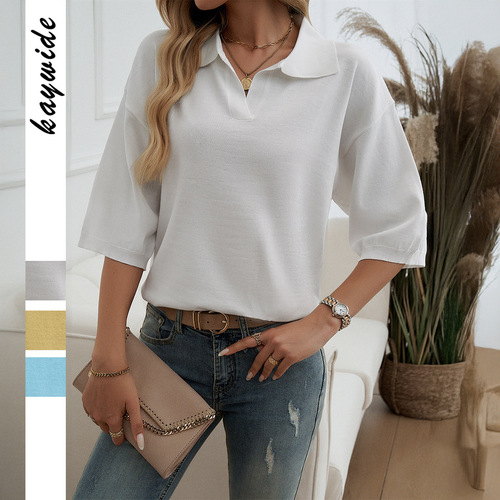Diyun Cross-border Europe and America Vacation Casual Style Polo Knit Shirt Women's Clothing 2025 Spring and Summer Amazon Foreign Trade Top 