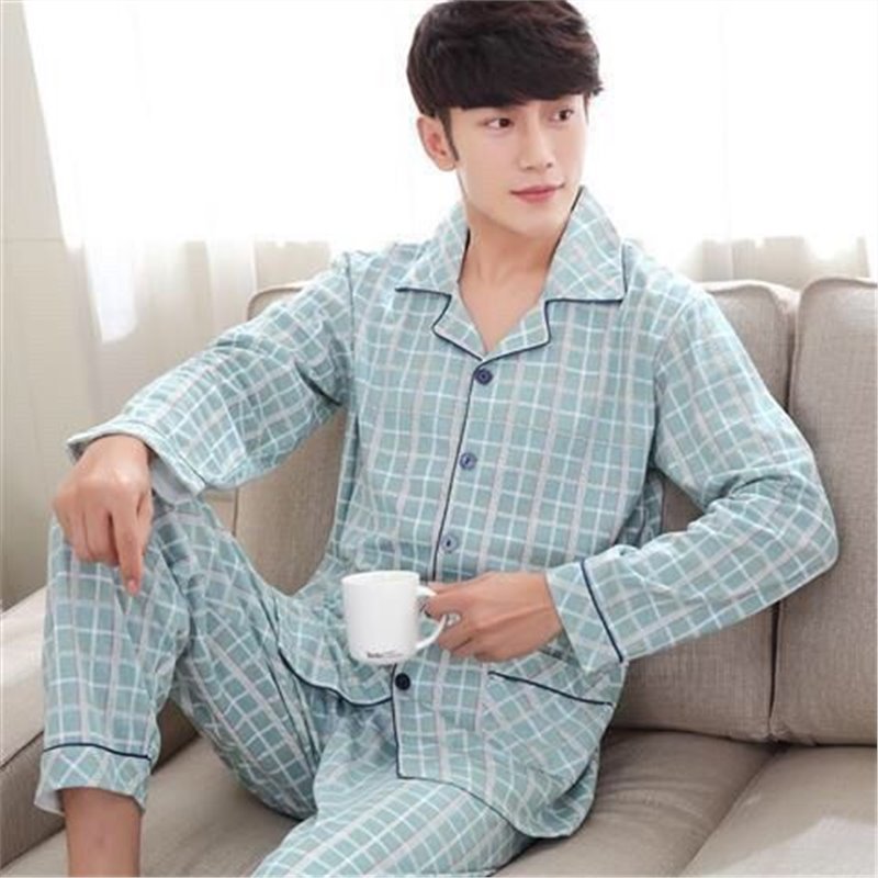 100% algodón de gama alta de los hombres pijamas de primavera y otoño de manga larga de solapa suelta traje de mediana edad desgaste del hogar