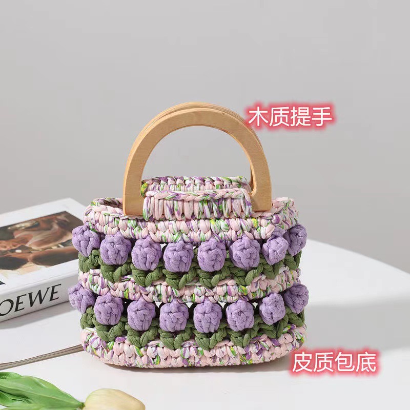 Bolsa de tejido DIY hecha a mano, bolsa de Tulip, tela casera, línea de ganchillo, bolsa de material DIY