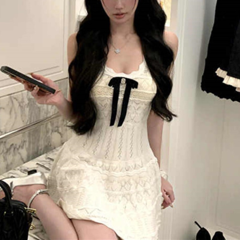 2025 New Solid Color Spaghetti Strap Dress Summer Exquisite Daughter Bow Crochet Hollow Knit Tank Dress