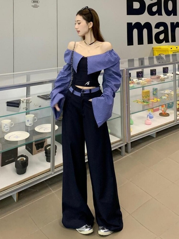 条纹一字领辣妹别致长袖衬衫垂感拼接阔腿裤女2025夏季新款两件套|undefined