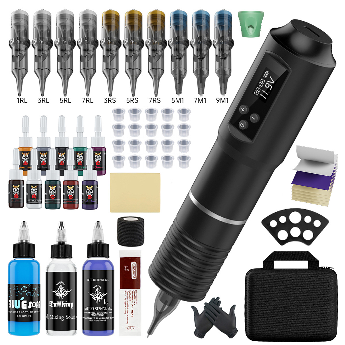 Bolígrafo inalámbrico de batería transfronteriza conjunto completo de herramientas de tatuaje de corte de alambre y niebla de aguja de tinta de tatuaje conjunto completo de consumibles