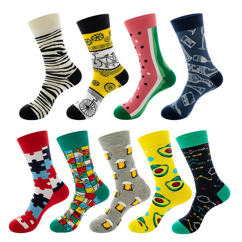 Fun Chic Fashionable Socks Mid-size Socks Cross-border Amazon Wine Bottle Digital Water French Fries Animal Cotton Men's dress socks