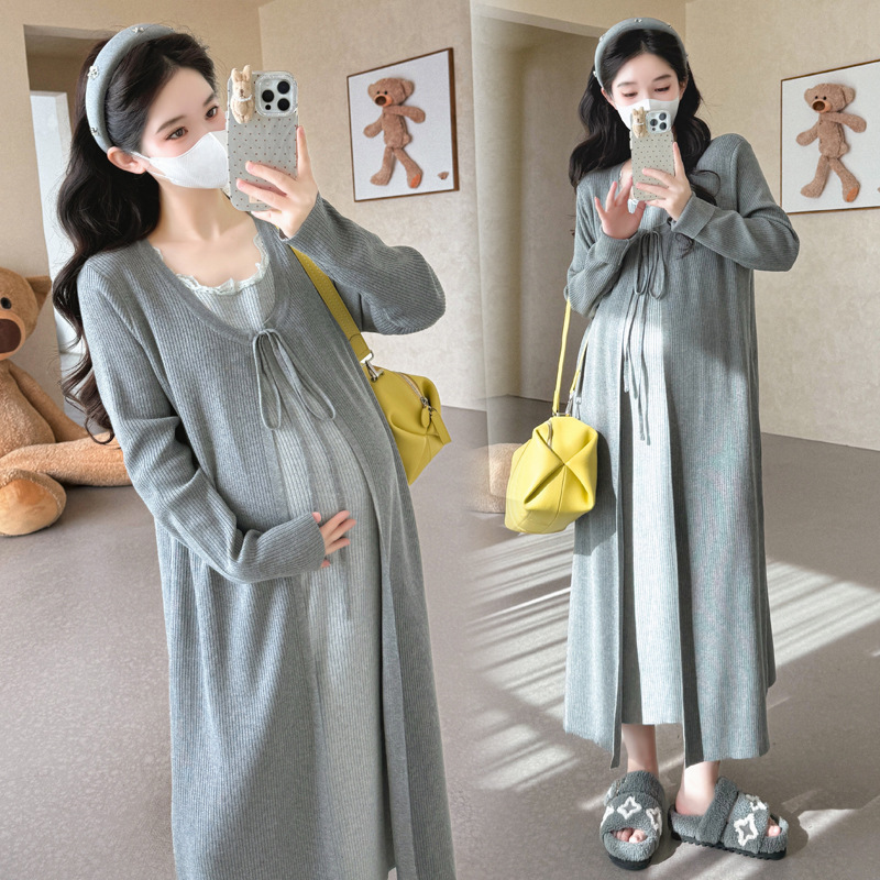 孕妇装2025秋冬季新甜美假两件蕾丝拼接针织设计感撞色系带连衣裙|undefined