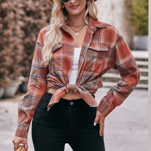  Amazon Women's Autumn and Winter New Fashion Casual Oversize Loose Plaid Shirt for Cross-border Europe and America 