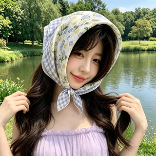 2026年清新碎花绿色小方巾薄款系脖丝巾女田园风可爱百搭领巾丝巾