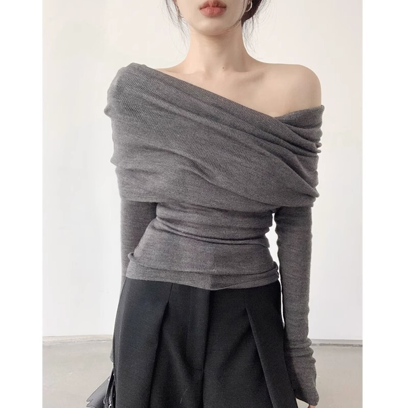 Off-Shoulder Knitted Long-Sleeve Base Shirt for Women, New Spring and Autumn Style, Pure and Sexy Sweater, Slim-Fit Off-Shoulder Top