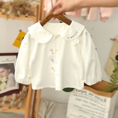 春秋女童裝襯衫寶寶洋氣兒童個性潮網紅時髦韓版花朵娃娃領白襯衣