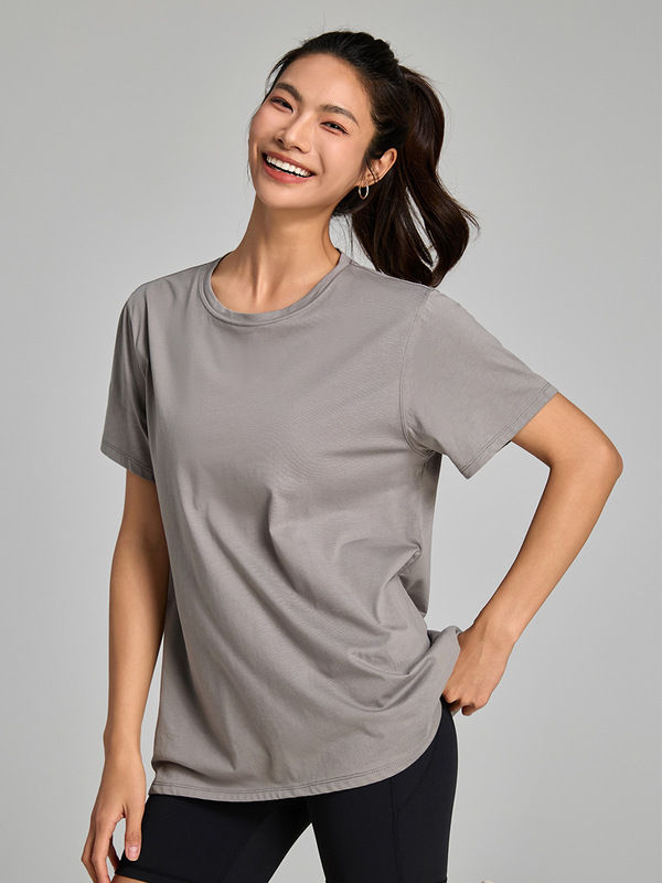 純綿ゆるいtシャツ夏の涼感速乾運動上着女性純色氷感半袖ヨガフィットネス服|undefined