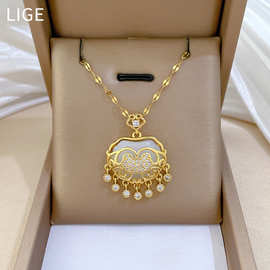 【钛钢】流苏吉祥锁轻奢气质华丽满钻项链女百搭锁骨链钛钢链条