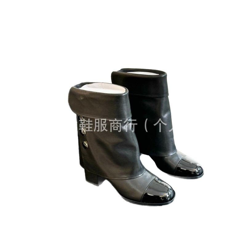 高端2025秋冬小香风真皮圆头拼色粗跟高跟中筒骑士靴裤管靴时装靴|undefined