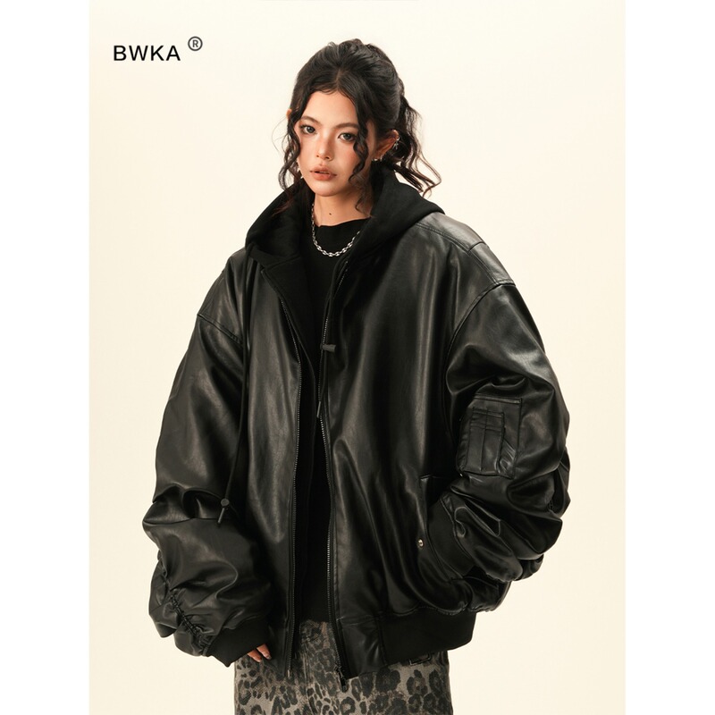 Bwka American Heavy Fake Two-Piece Pu Leather Jacket for Women and Men Autum Trendy Brand Loose Thickeneded Bomber Top Jacket Bwka American Heavy Fake Two-Piece Pu Leather Jacket for Women and Men Autum Trendy Brand Loose Thickeneded Bomber Top Jacket