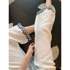 撞色刺绣直筒亚麻裤子女款夏季减龄气质老钱风显瘦休闲白色阔腿裤