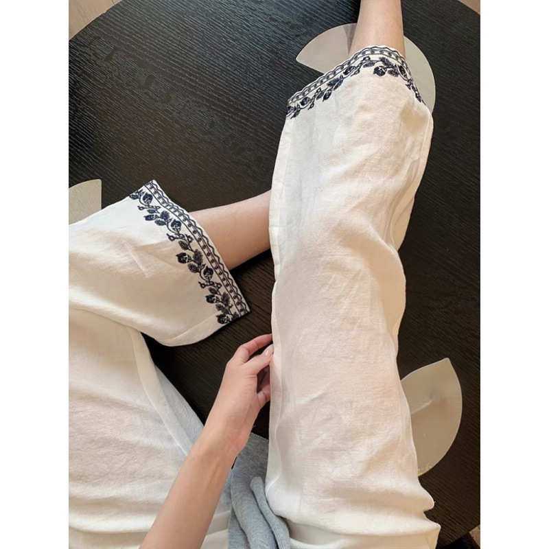 撞色刺绣直筒亚麻裤子女款夏季减龄气质老钱风显瘦休闲白色阔腿裤|undefined