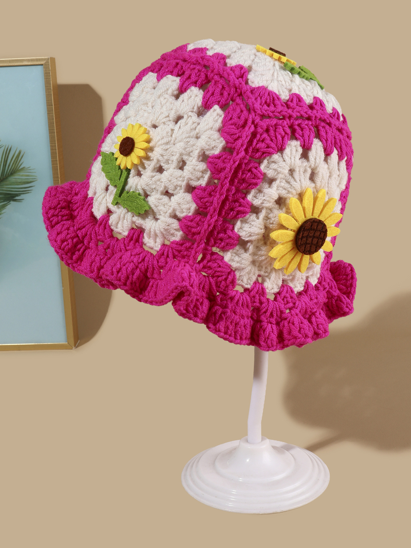 Cappello da pescatore con girasole tessuto a mano, autunno e inverno, carino cappello infantile con bordo a fungo, in lana all'uncinetto_voghion.com