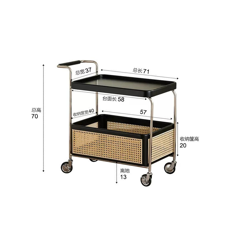 实木移动带轮边几不锈钢收纳中古小推车客厅储物藤编置物简约茶几|undefined