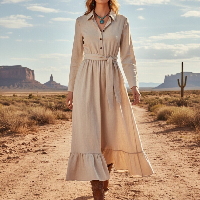 Western retro-style cotton-linen dress with a turn-down collar, long sleeves, single-breasted buttons, and a ruffled hem. Cross-border women's clothing Western retro-style cotton-linen dress with a turn-down collar, long sleeves, single-breasted buttons, and a ruffled hem. Cross-border women's clothing