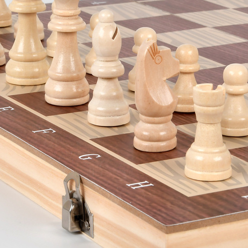 Three-in-One Wooden Solid Wood International Chess Western Draughts Backgammon Game Folding Portable Brain Teaser Board Game Toy