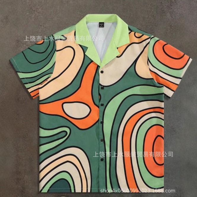 3D New Men's Shirt Hawaiian Cuban Collar Loose Printed Short Sleeve Cross-border Party to Figure Shirt DIY