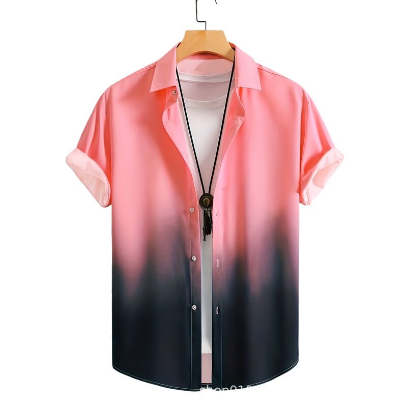European and American Cross-Border New Men's Summer Casual Gradient Pure Color Shirt 3D Digital Water Mill Painting Printing Lapel Simple