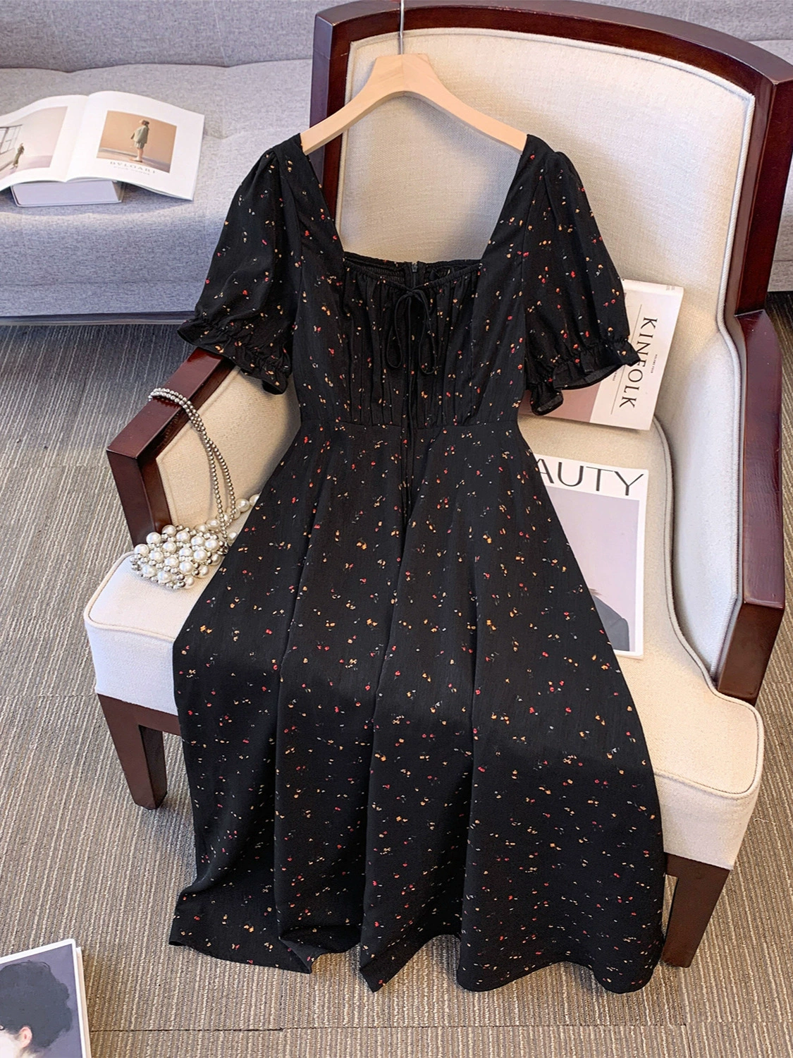 Retro Summer Dress Transformer, Plus Size, Square Neck, Floral Watermark Chiffon