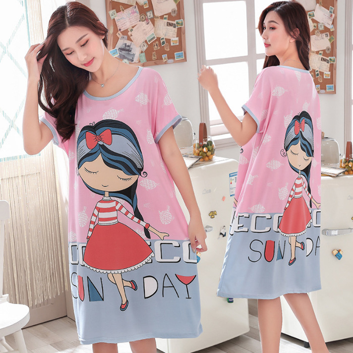 Camisón de las mujeres del verano Delgado manga corta nueva línea rojo estilo pijamas dibujos animados lindo señoras vestido flojo desgaste hogar