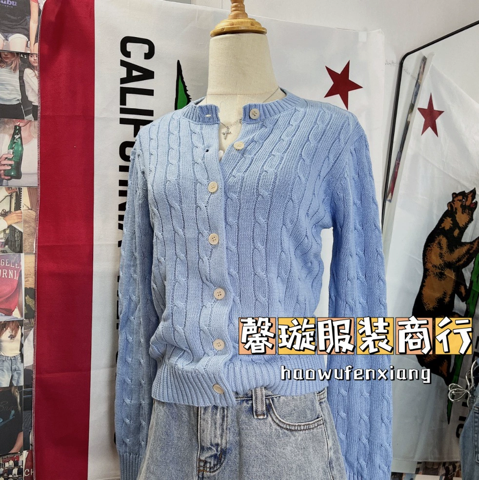 BM стиль американский стиль ретро синий твист вязаный кардиган свитер однобортный короткий топ пальто для женщин