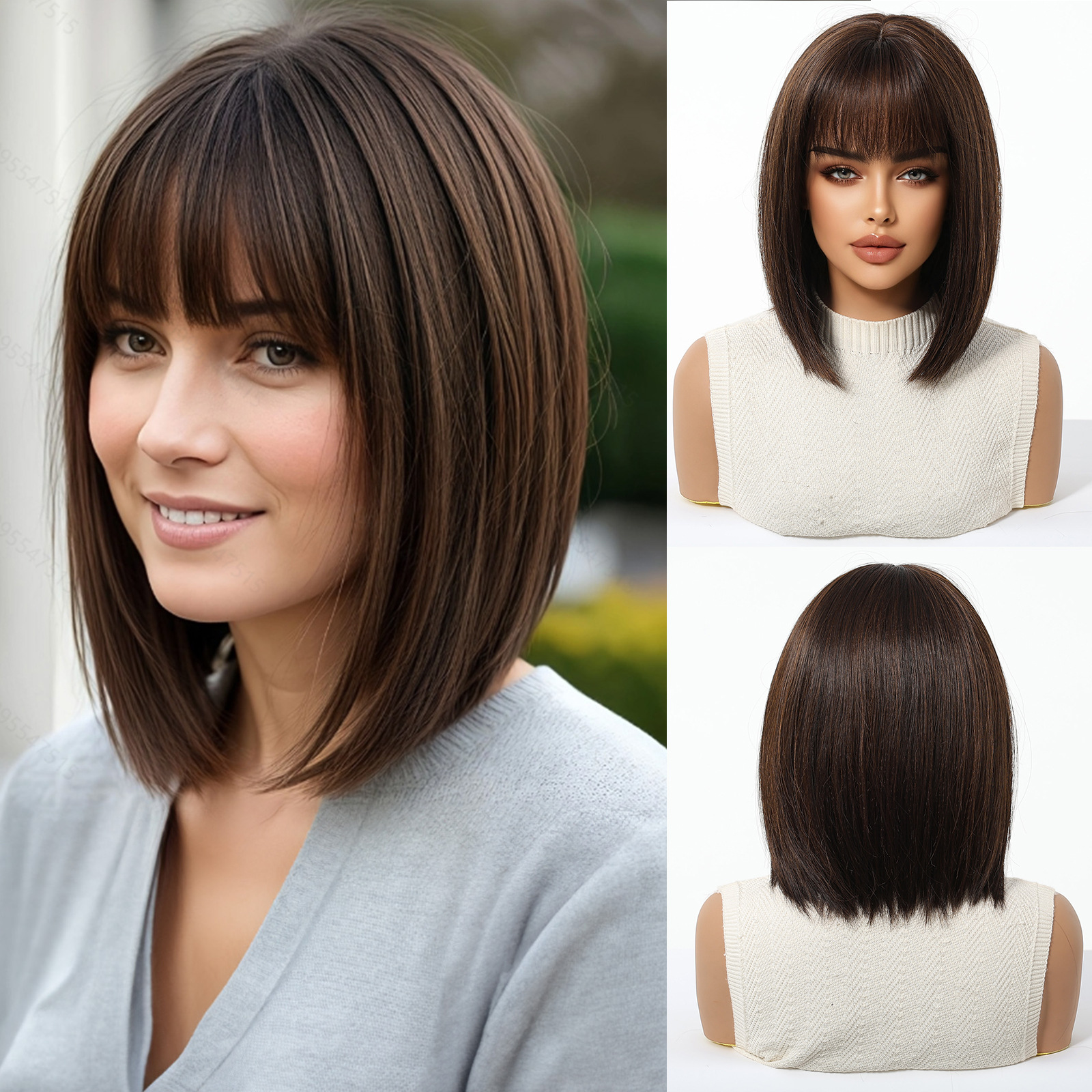 Peluca Bob Corta y Lisa para Mujer de Fibra Sintética, Con Flequillo, Refrescante, para Verano image 13