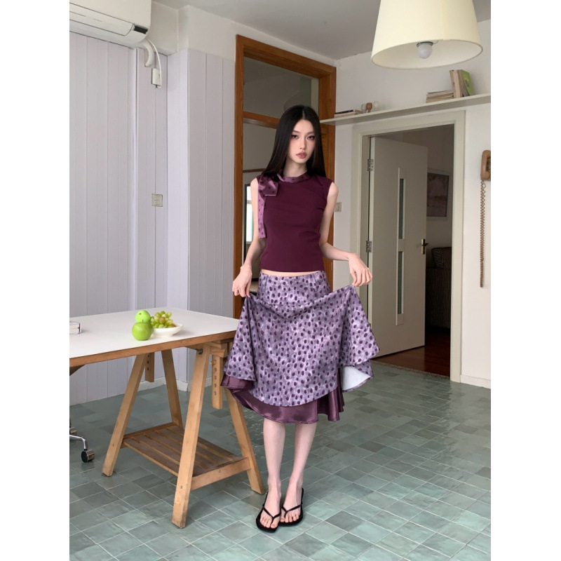 Satin Polka Dot Patchwork Lace-Up Sleeveless T-Shirt + Double-Layer Satin Patchwork Retro Fuzzy Polka Dot Skirt Two-Piece Set for Summer