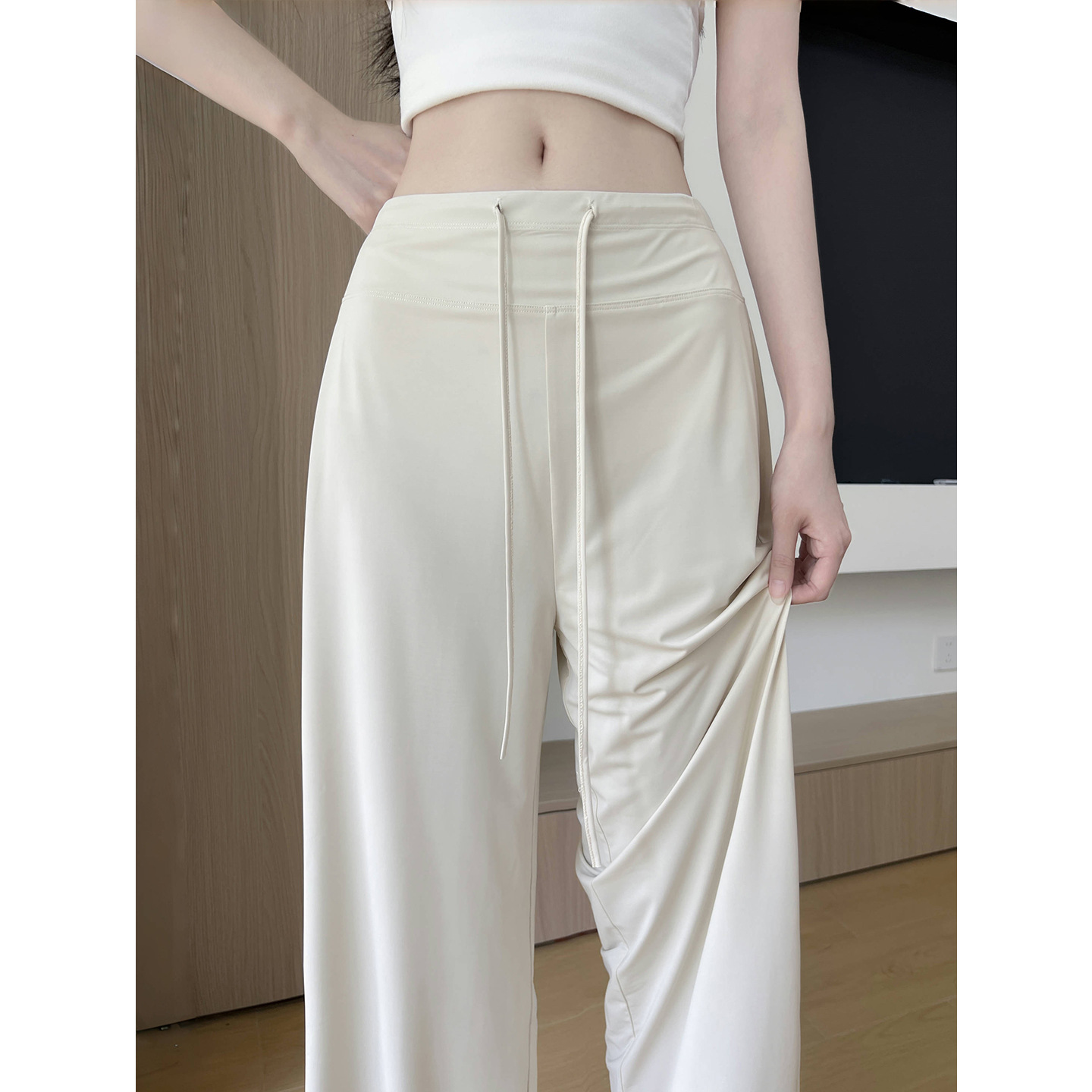 여름용 여성용 아이스 실크 자외선 차단제 와이드 팬츠, 얇은 하이웨이스트, 슬림하고 루즈하며 드레이프, 작은 사람들을 위한 시원하고 속건성 스포츠 바지