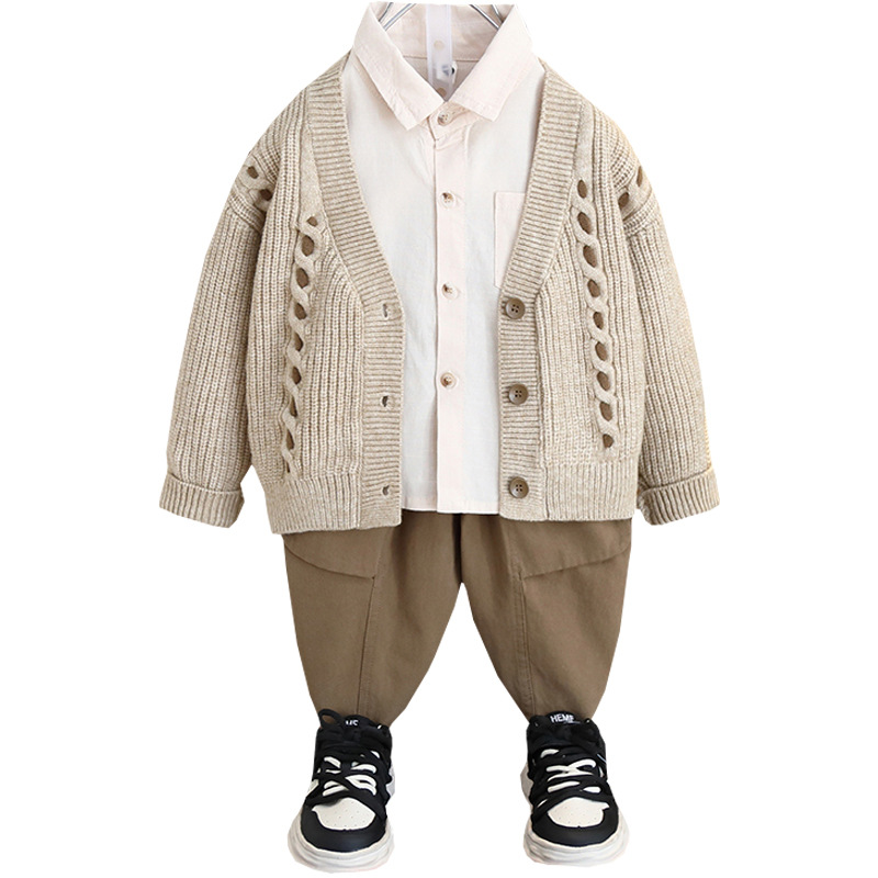 7071 traje de primavera para niños traje de tres piezas 2025 primavera y otoño nuevo estilo chaqueta de punto atractivo para niños bebé